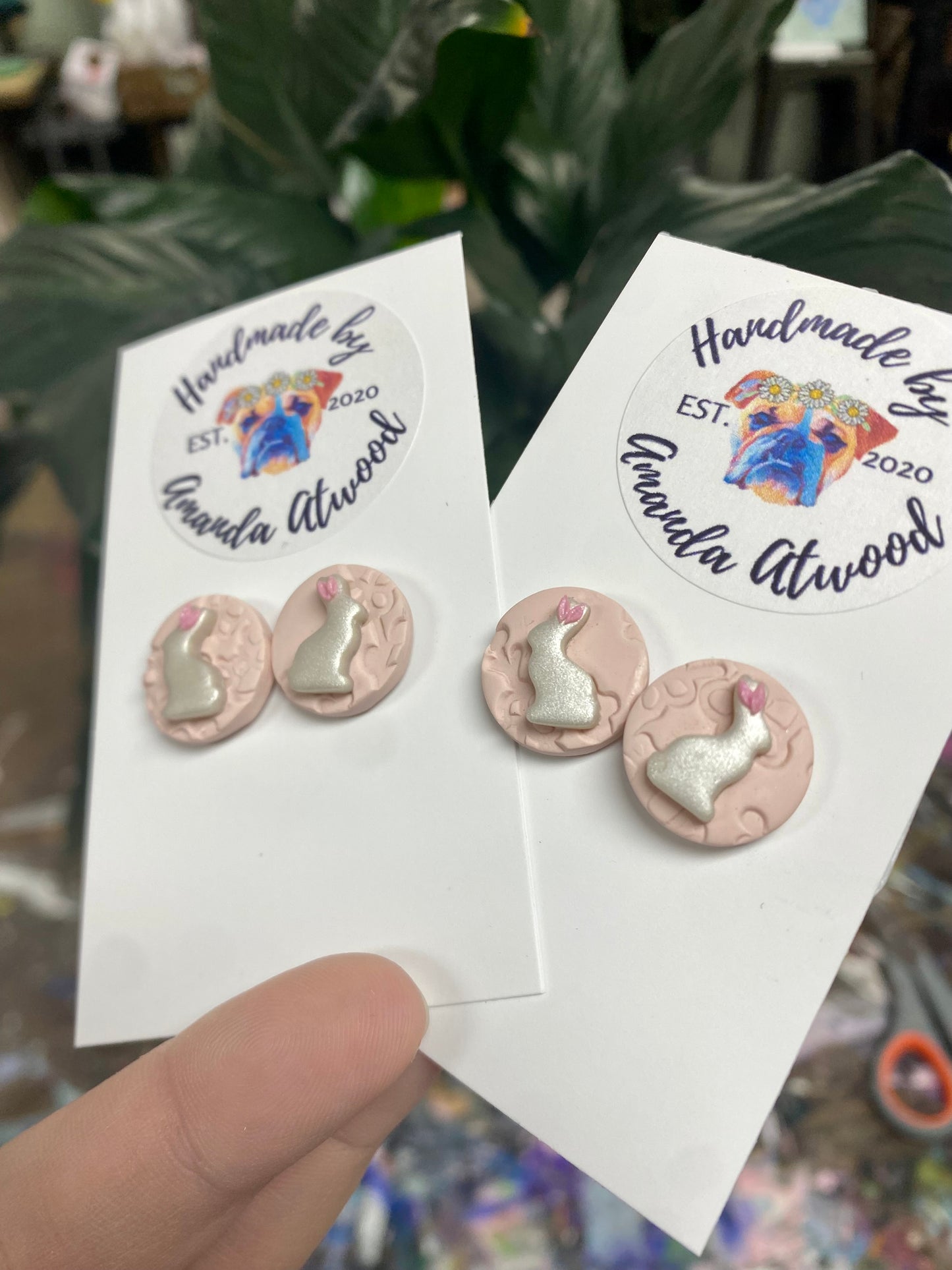 Pink Bunny Studs - Handmade Polymer Clay Earrings