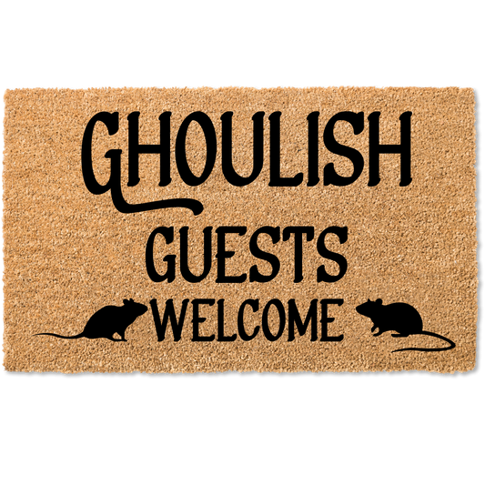 Ghoulish guests welcome halloween door mat