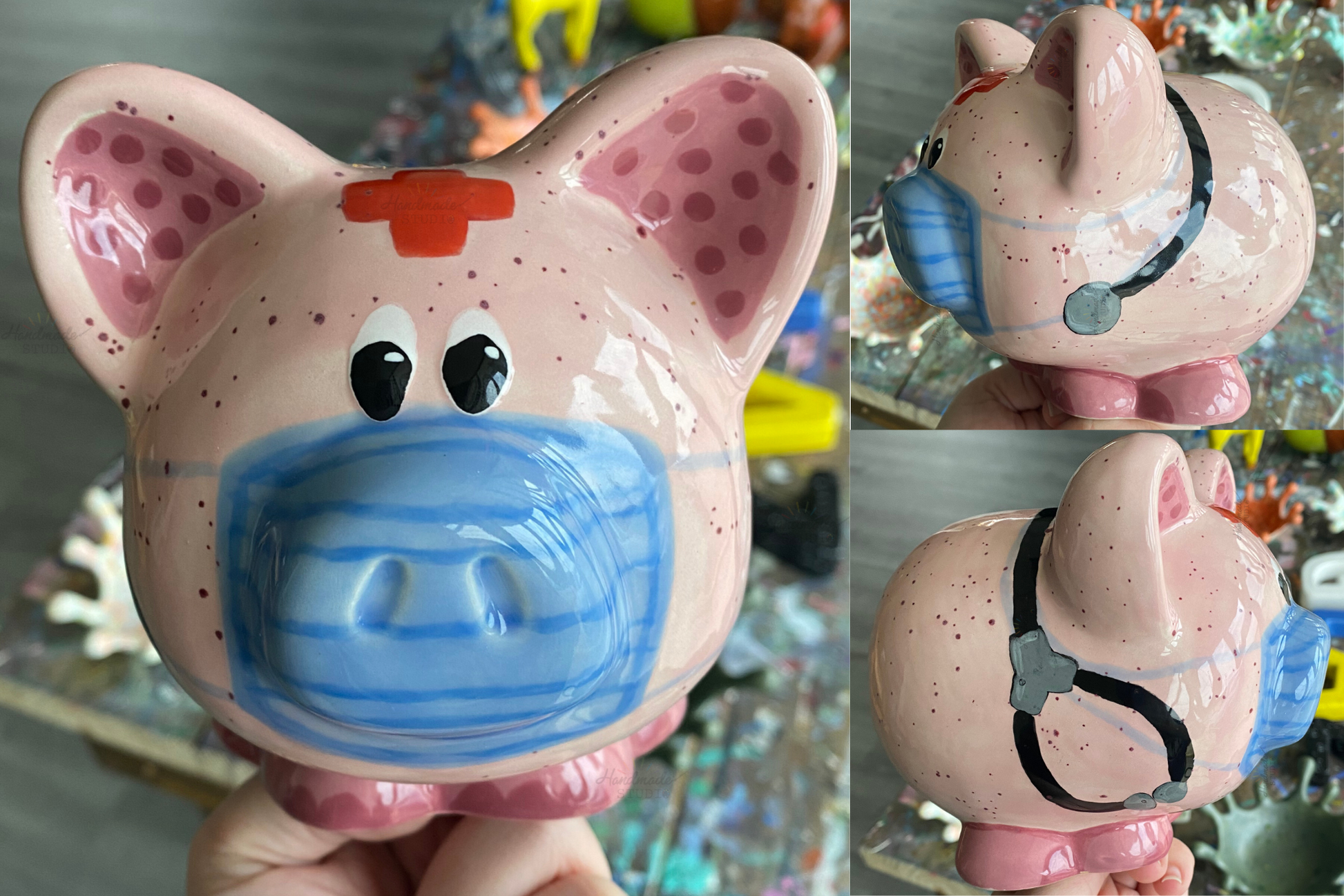 Pink piggy bank with blue face and black glasses, surrounded by colorful confetti. Nurse. 