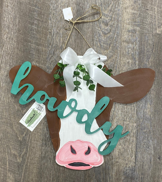 Howdy brown cow door hanger